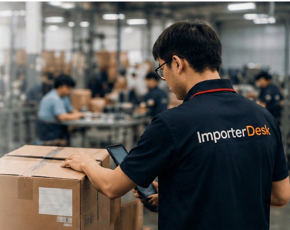 穿著 ImporterDesk 制服的現場人員在中國工廠倉庫進行採購確認