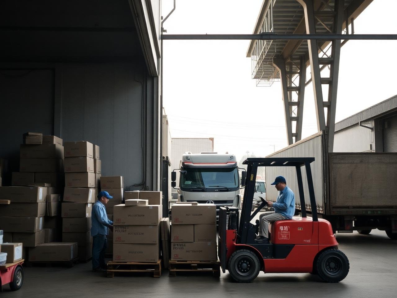 Export cartons staged at a supplier loading dock while a truck waits for pickup