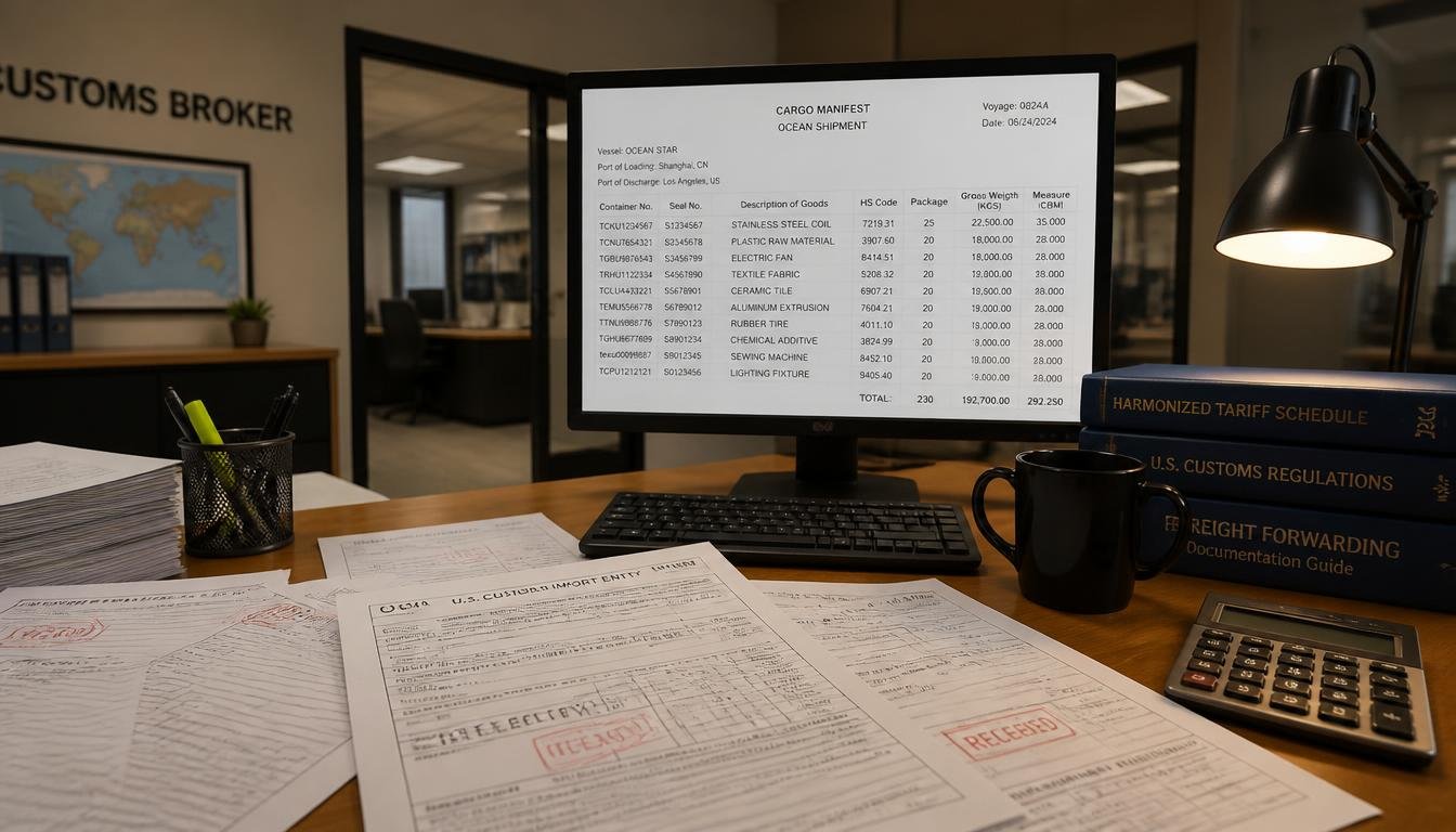 Customs broker desk with import entry paperwork and a stamp
