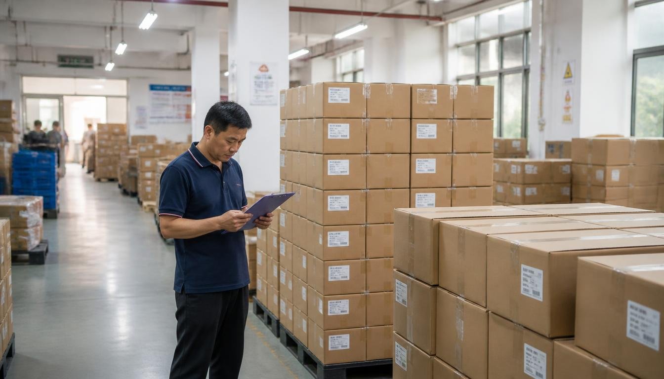 Supplier factory floor with finished cartons and a worker checking a packing list