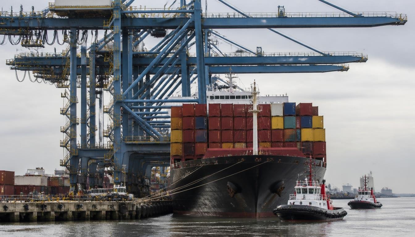 Container ship being loaded by gantry cranes at a port terminal