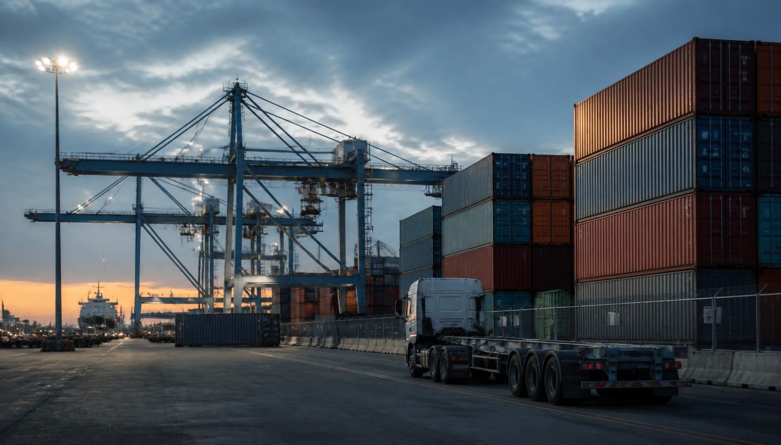 Container terminal at dusk with a waiting truck chassis beside stacked containers