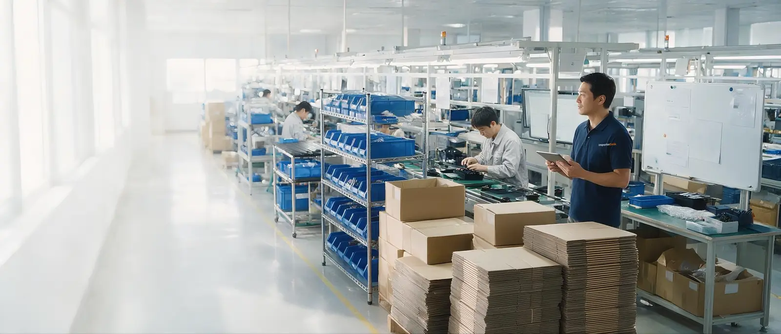 ImporterDesk 人員在工廠紙箱與產線旁,拿平板核對現場狀況