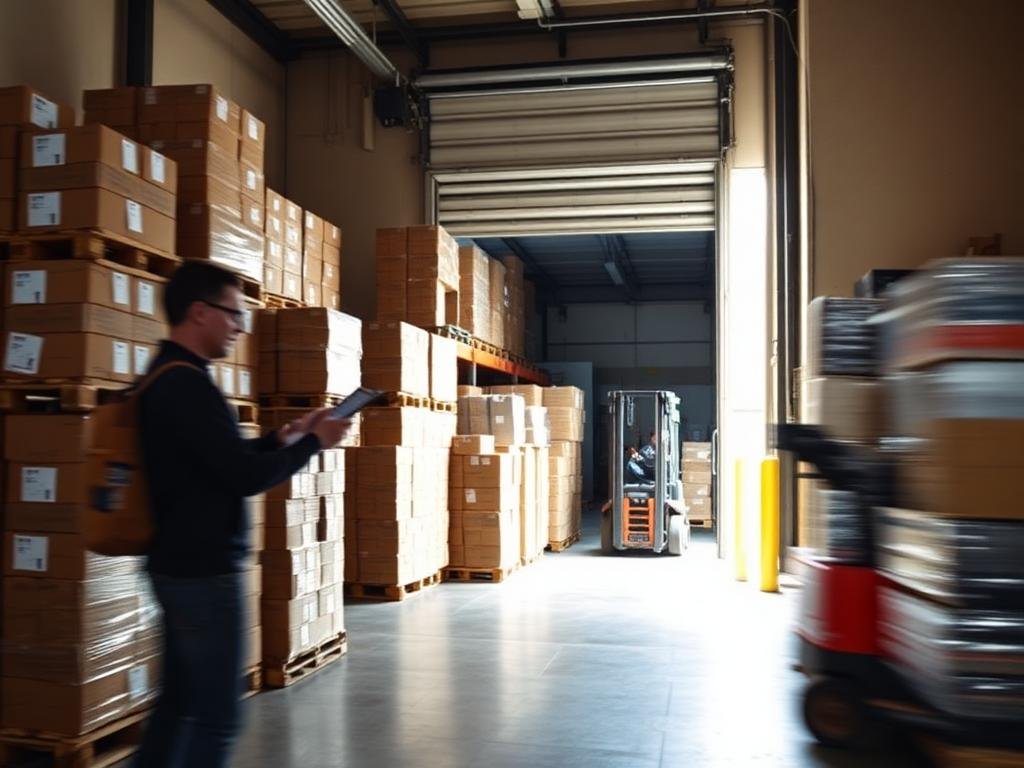 Warehouse receiving dock with palletized cartons staged for inbound check-in