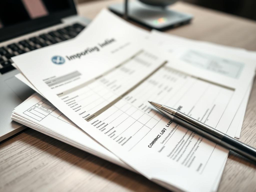 Import document packet with commercial invoice and packing list on a desk