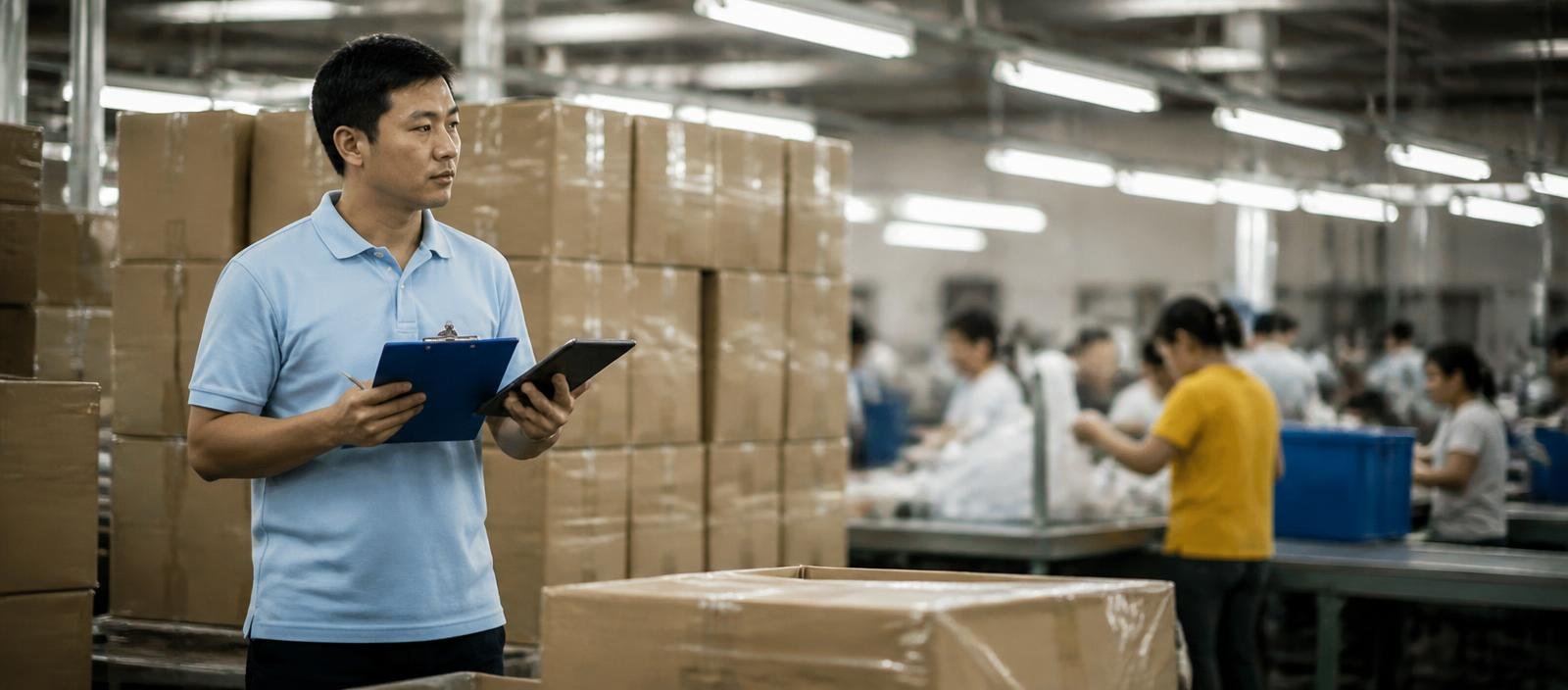 Quality inspector reviewing cartons and production lines on a factory floor in China