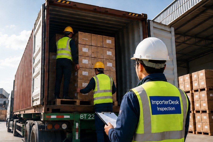 White-helmet ImporterDesk inspector documenting cartons as the loading crew fills a shipping container