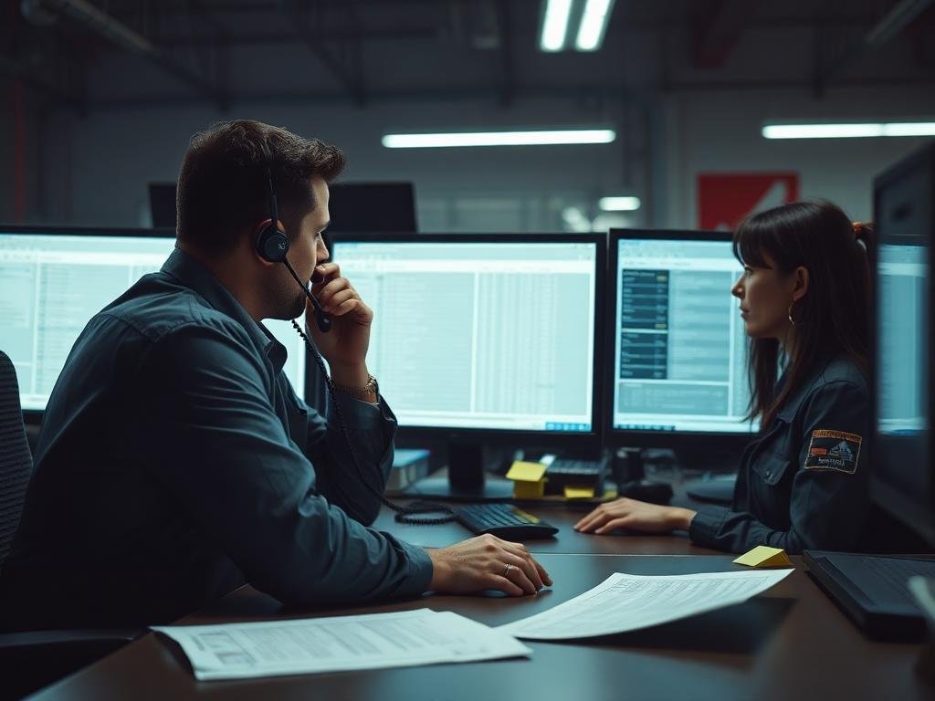 Logistics operations team reviewing shipment exception status on monitors