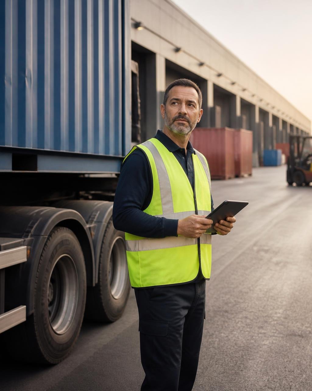 Import coordinator with a tablet beside a container truck at a warehouse loading dock