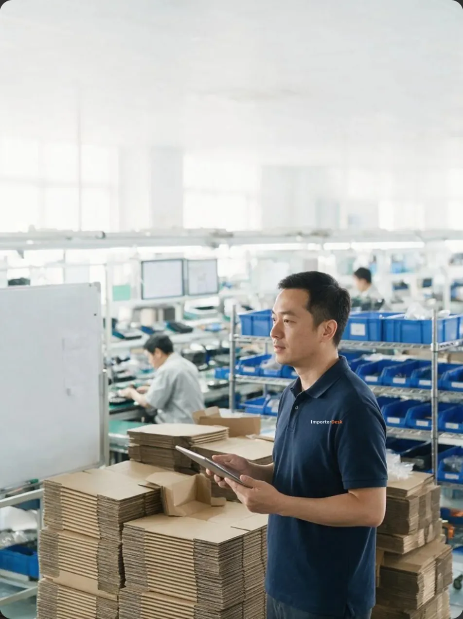 ImporterDesk 人員在工廠紙箱與產線旁,拿平板核對現場狀況