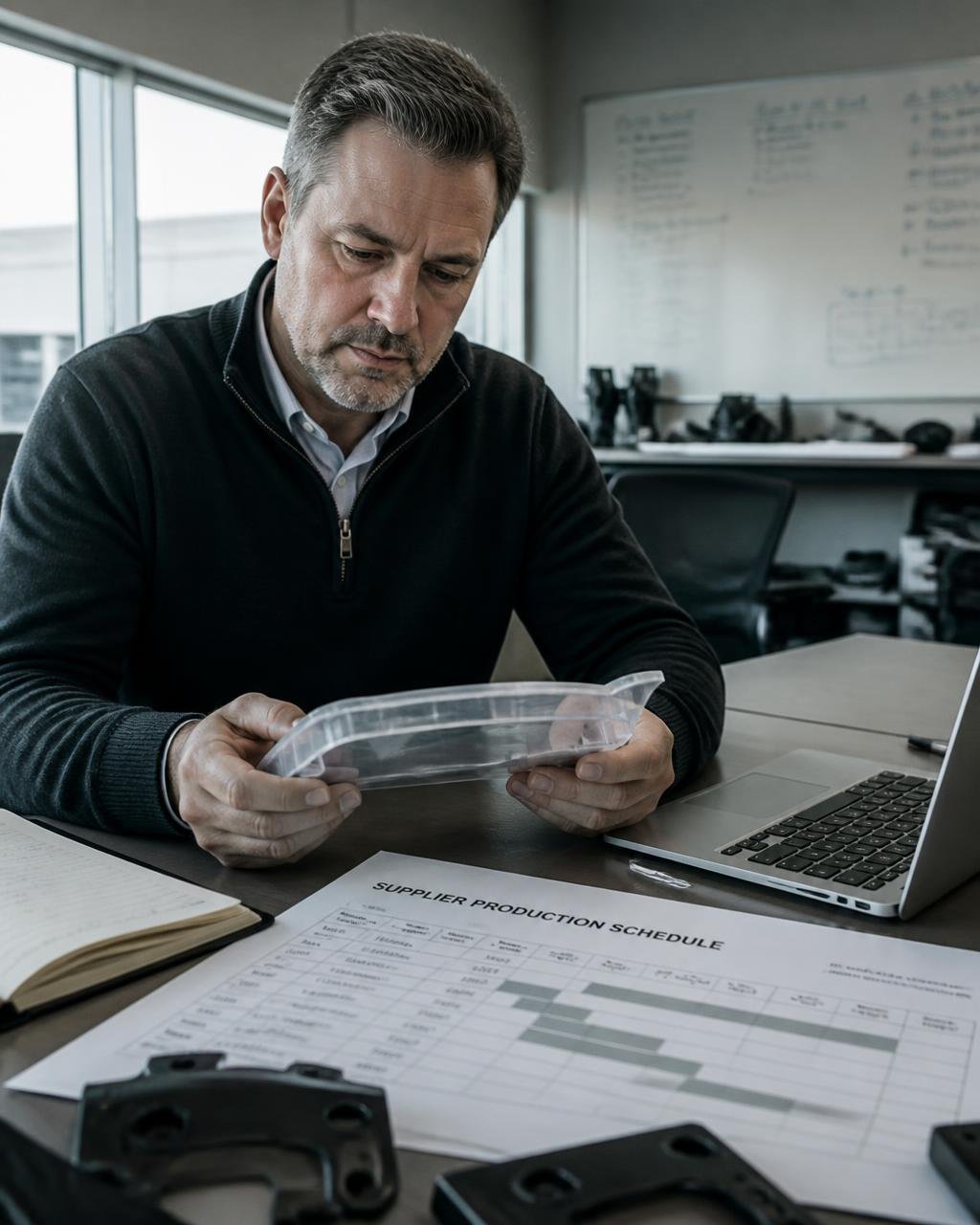 A procurement leader reviewing a material sample and supplier production schedule at a worktable.