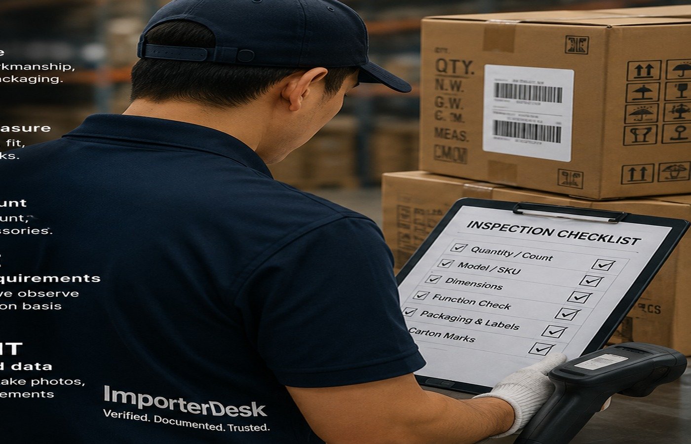 Inspector reviewing an inspection checklist beside finished goods at the factory