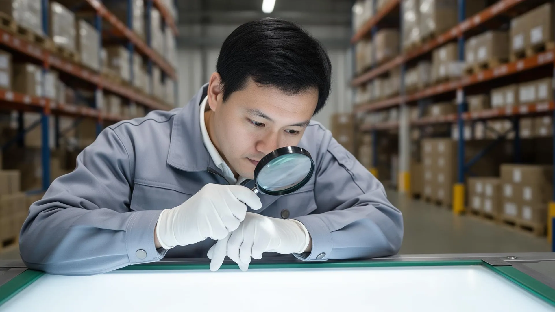 Quality control inspector carefully examining a product on the factory floor