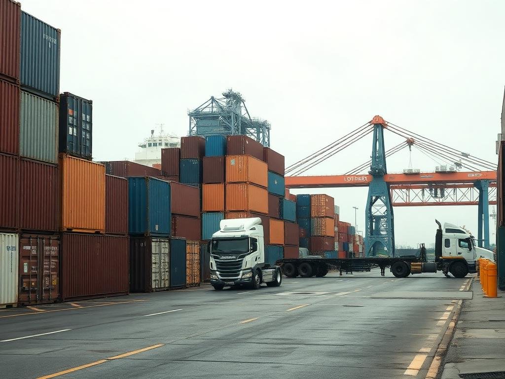 Container terminal gate with stacked containers and a drayage truck waiting for pickup