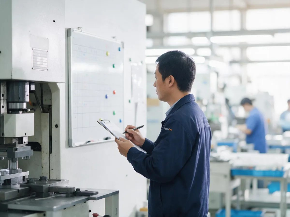 ImporterDesk 查核人員在設備旁對照排程記錄產能
