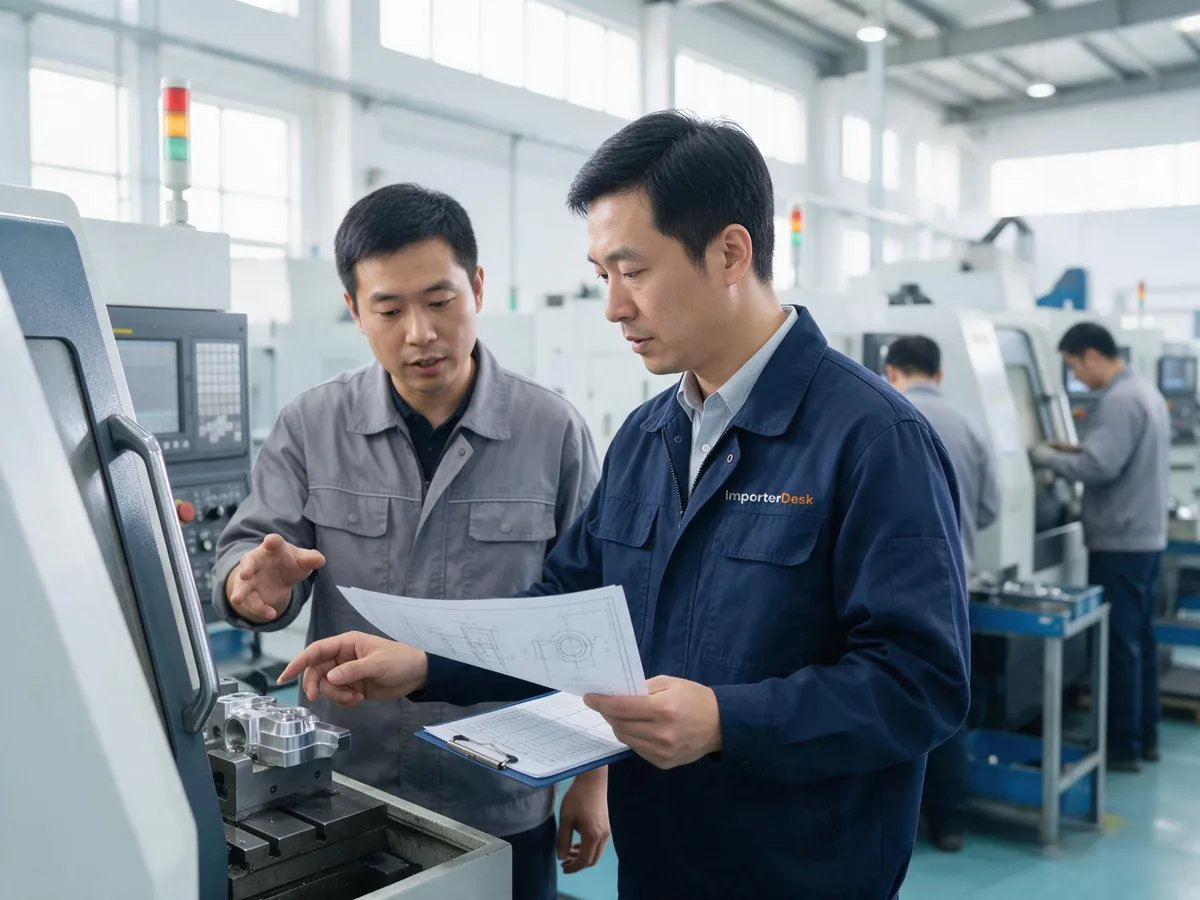 ImporterDesk 查核人員和工廠人員在產線旁對照圖面與零件