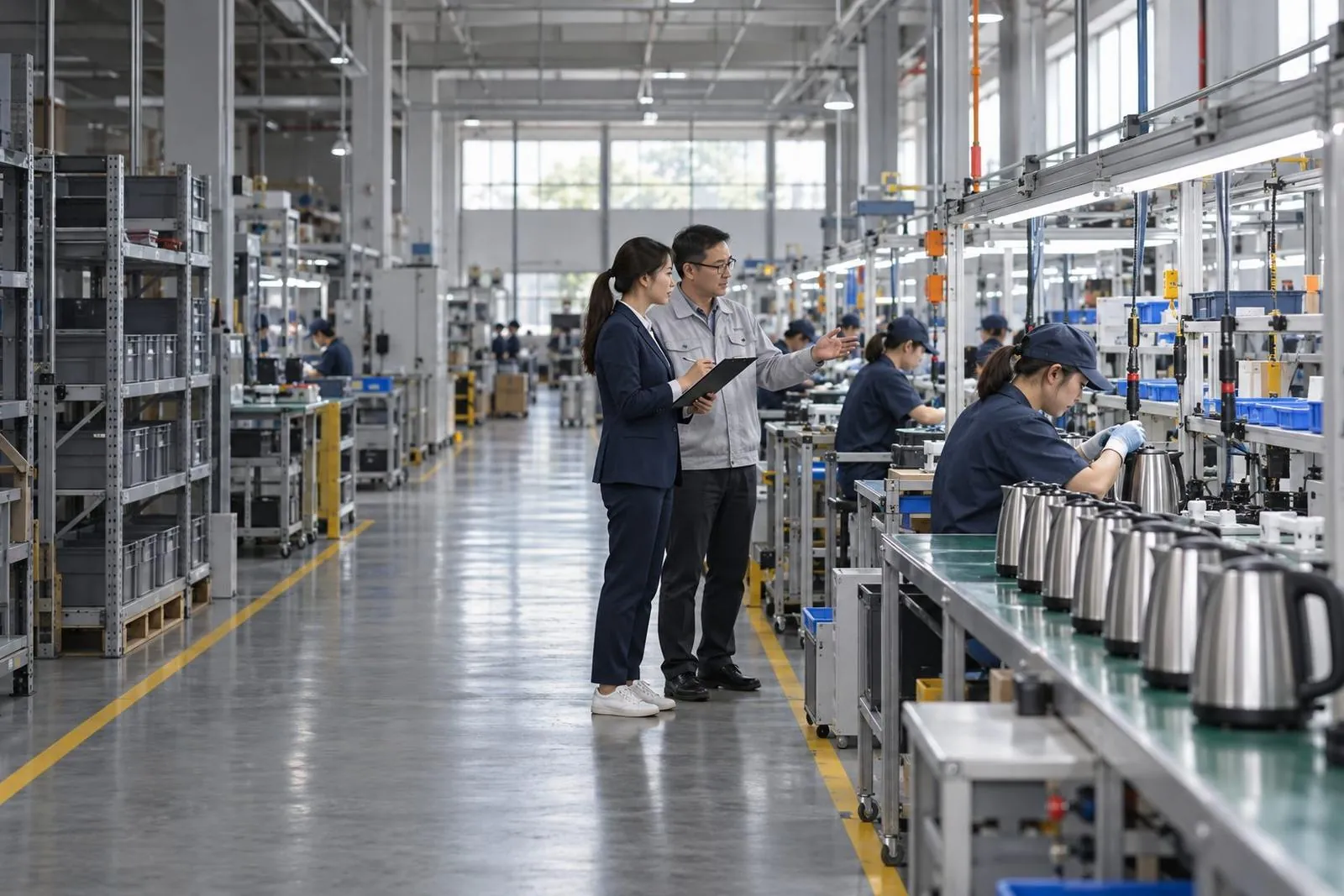 ImporterDesk 查核人員在工廠產線旁和工廠主管核對工序