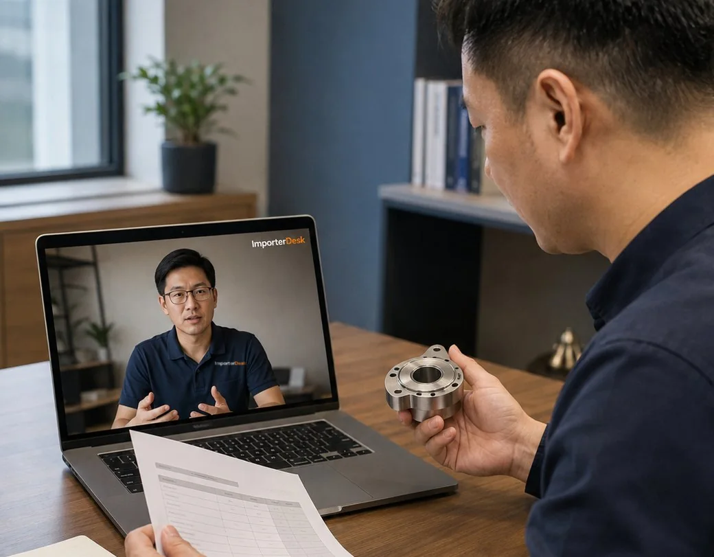 台灣進口商拿著報價與金屬零件，透過視訊和 ImporterDesk 顧問討論供應商查核重點