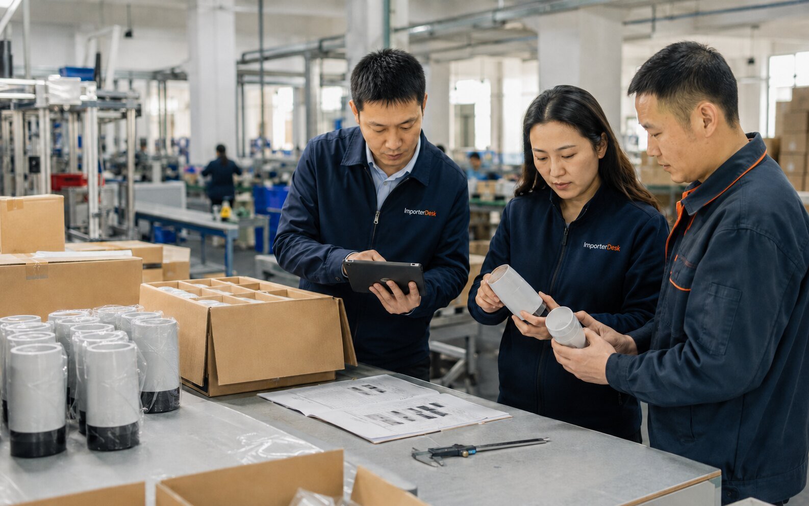 工廠內的採購與品質人員正在出貨前核對產品、包裝與紀錄