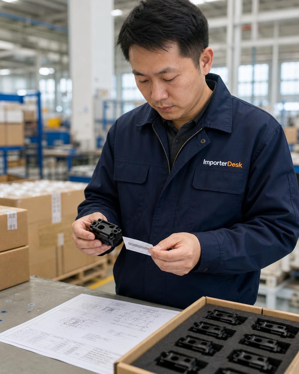 ImporterDesk 工作人員在中國工廠核對實體樣品、包裝標示與規格文件