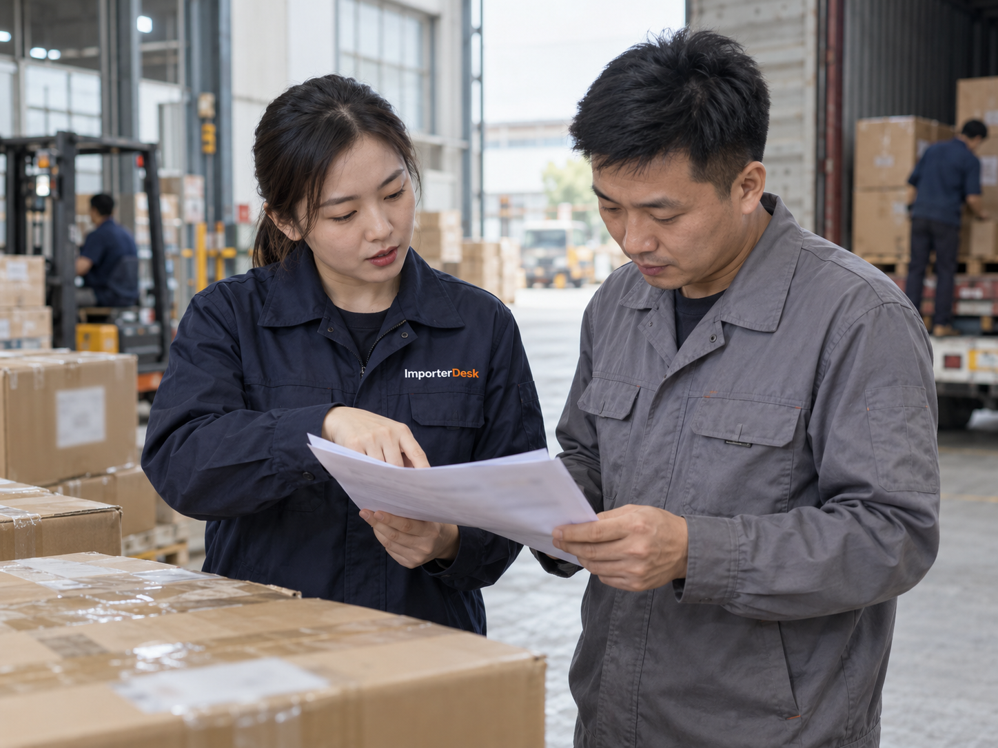 中國工廠出貨區內,ImporterDesk 現場協調人員與工廠端人員核對出貨文件及外箱資料。