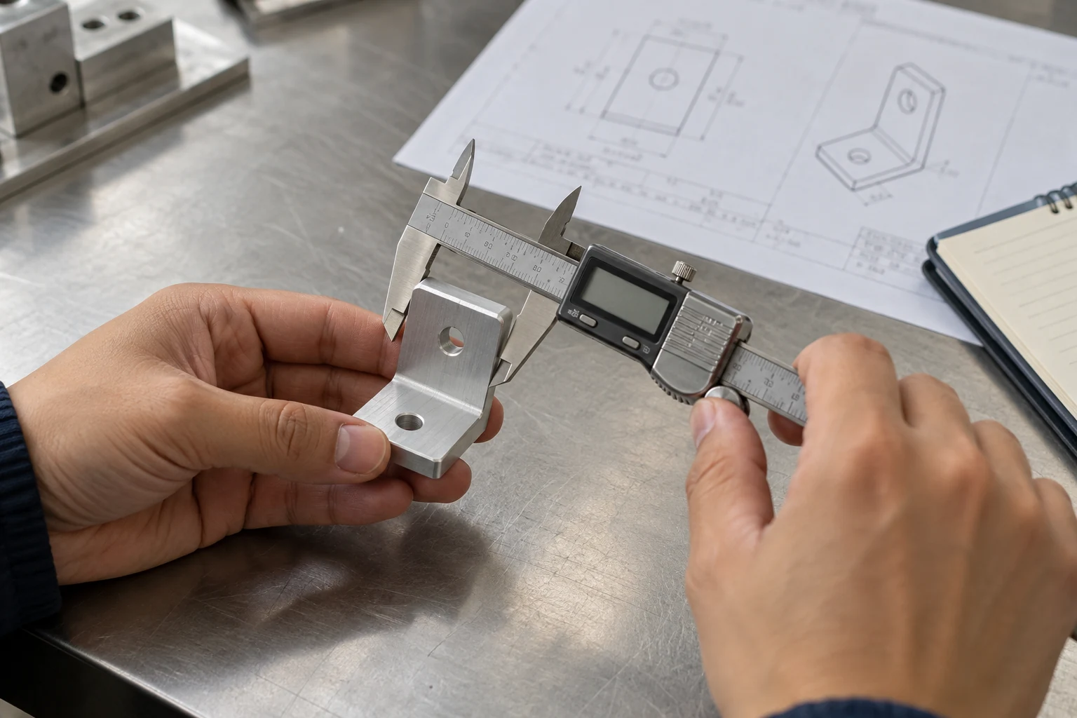 Illustrative photo: hands measuring an aluminum sample with a caliper beside a drawing.