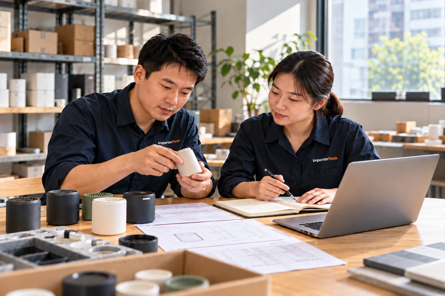 Illustrative sourcing scene: two people reviewing a ceramic sample, notes, and technical sheets in a sample room.